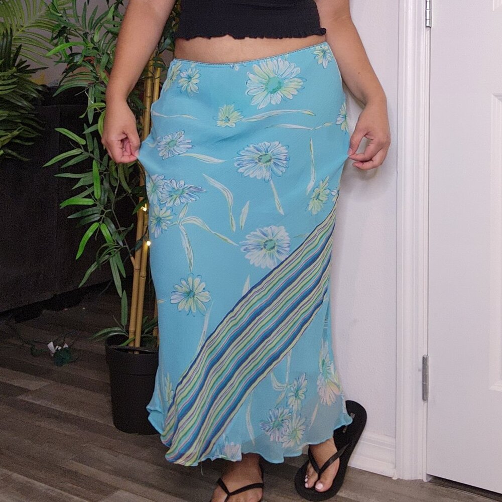Sharon Anthony Silk blue floral Y2K maxi skirt size M